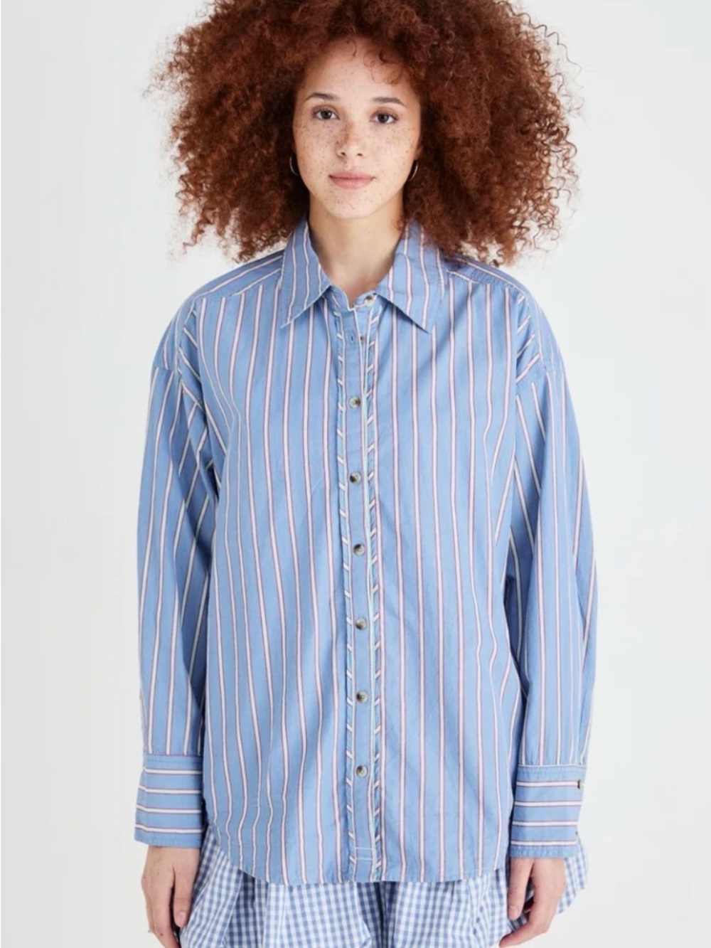 Free People We The Free Varsity Vibes Blue Button-Front Shirt - Picture 5 of 9